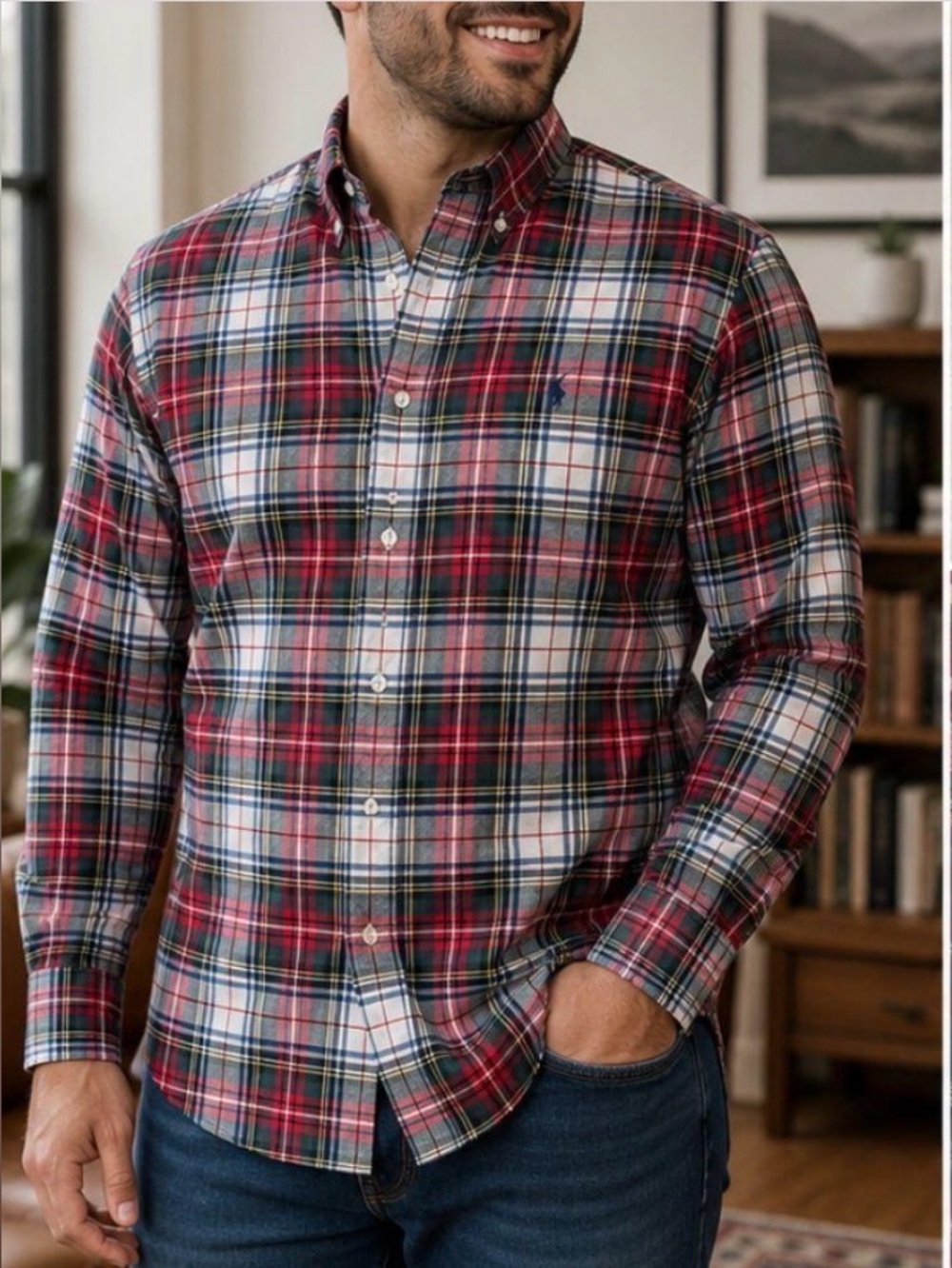 Ralph Lauren Men's Red Plaid Button-Down Classic Shirt - Large